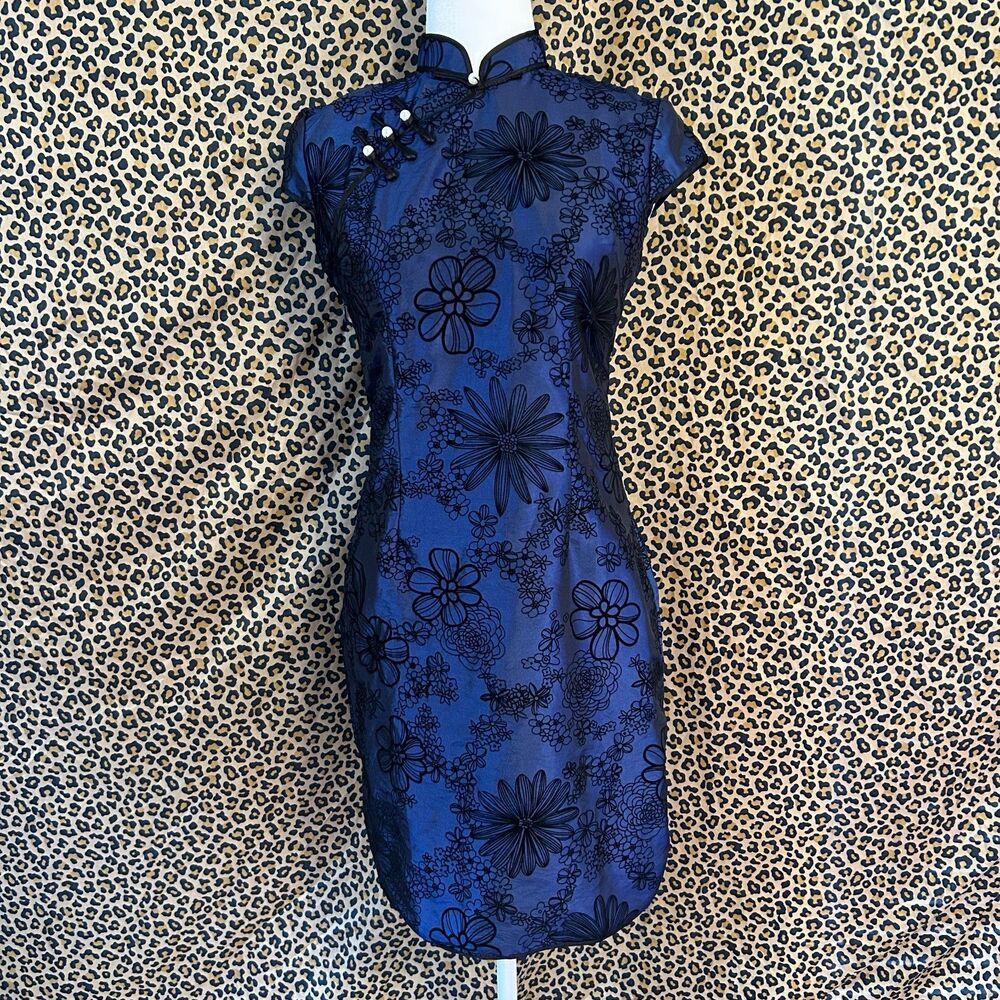 Y2K Qipao Velvet Floral Iridescent Blue Glitter Chinese Baddie Goth Alt Retro